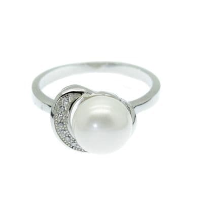 Pearl and Faux Diamond Ring 8mm Cultured Pearl CZ Inlay