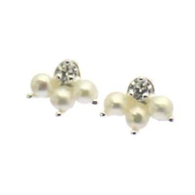 Pearl Cluster Earrings Three Freshwater Pearls & CZ Crystal Sterling Silver