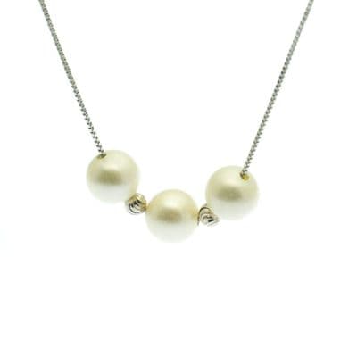 Pearl Cluster Necklace Three Cultured Pearls on Sterling Silver Box Chain
