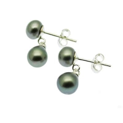 Pearl Drop Earrings 6mm Oval Grey Pearls & Pearl Stud Sterling Silver