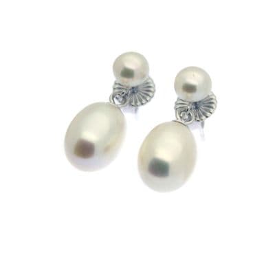 Pearl Drop Earrings 7mm Oval Freshwater Pearl & Pearl Stud Sterling Silver