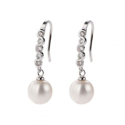 Pearl Drop Earrings Faux Diamond Inlay on Sterling Silver Hooks