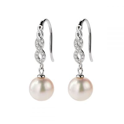 Pearl Drop Earrings Faux Diamond Inlay on Sterling Silver Infinity Hooks