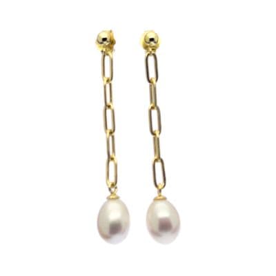 Pearl Drop Earrings Oval White Pearls on Gold over Sterling Silver Paperclip Chain