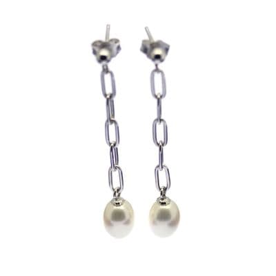 Pearl Drop Earrings Oval White Pearls on Sterling Silver Paperclip Chain