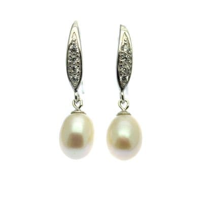 Pearl Drop Earrings Sterling Silver Hooks Faux Diamond Inlay