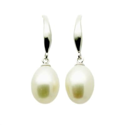 Pearl Drop Earrings Sterling Silver Hooks Oval Cultured Pearls