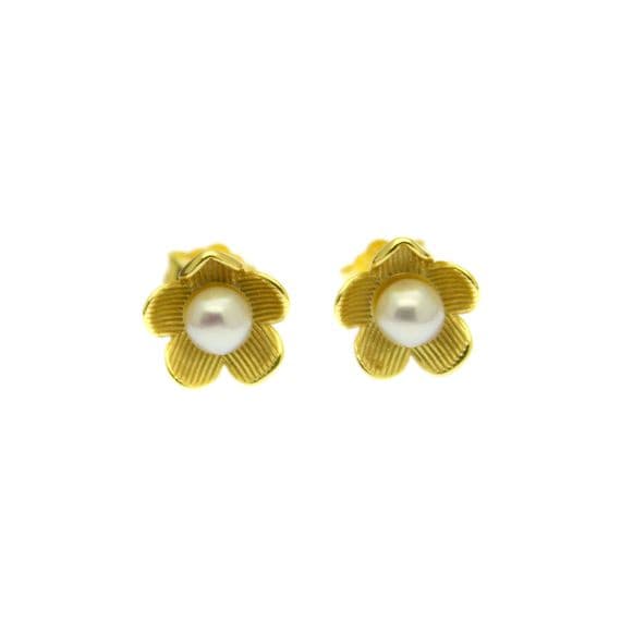 Pearl Earrings In a Flower Design  Cultured Pearls Gold over Sterling Silver Studs