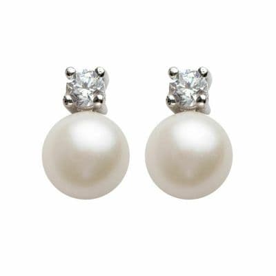 Pearl Earrings with Faux Diamond CZ Stud Sterling Silver