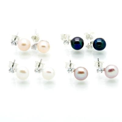 Pearl Faux Diamond Stud Earrings Sterling Silver