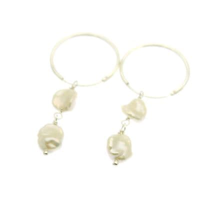 Pearl Hoop Earrings Sterling Silver Hoops Two White Baroque Pearls
