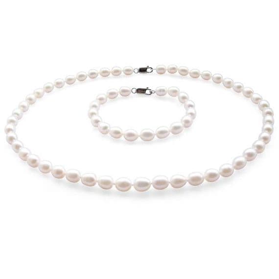 Pearl Necklace & Bracelet Set Sterling Silver White Oval Cultured Pearls (1)