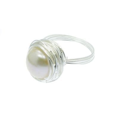 Pearl Ring Sterling Silver Spun Wire Pearl15MM White Pearl