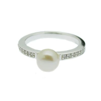 Pearl Solitaire Ring Sterling Silver with Faux Diamond CZ Inlay