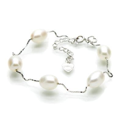 Pearl Station Bracelet Oval Pearls Sterling Silver Chain