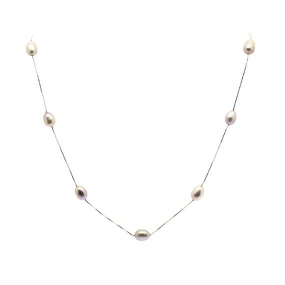 Pearl Station Necklace Lavender Oval Pearls Sterling Silver Box Chain 17