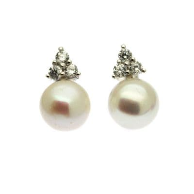 Pearl Stud Earrings with 3 Faux Diamond sCZ Sterling Silver