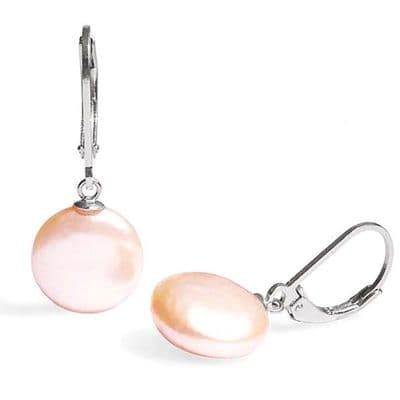 Pink Leverback Earrings Coin Pearl Drop & Dangle Sterling Silver