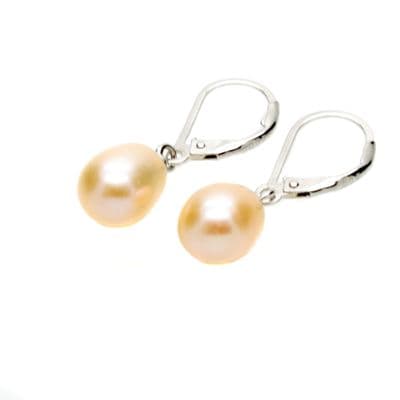 Pink Leverback Pearl Drop Earrings 7mm Oval Pearls Sterling Silver