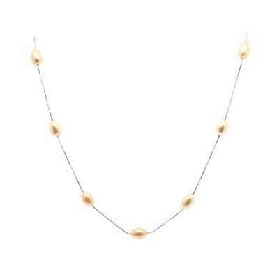 Pink Pearl Station Necklace Oval Pearls Sterling Silver Box Chain 17