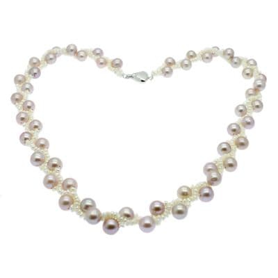 Round Lavender Pearl & White Seed Pearl Necklace Sterling Silver 17