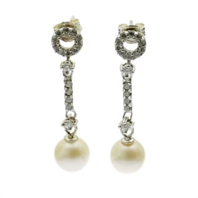 Round Pearl Drop Earrings Sterling Silver Studs Faux Diamond Inlay