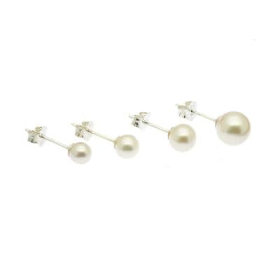 Round White Pearl Stud Earrings Cultured Pearls Sterling Silver