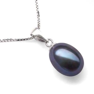 Single Black Pearl Drop Necklace 7mm Oval Pearl Sterling Silver Chain 18