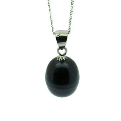 Single Black Pearl Drop Necklace 9mm Oval Pearl Sterling Silver Chain