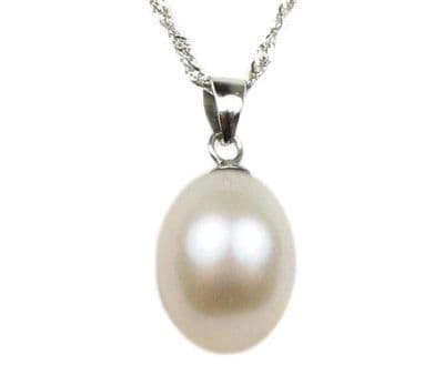 Single Pearl Drop Necklace 9mm Oval Pearl Sterling Silver Chain
