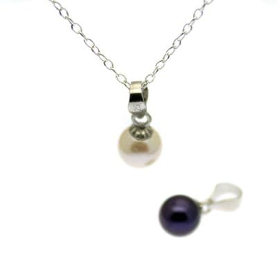 Single Pearl Pendant Round 6mm Pearl Sterling Silver; Black or White