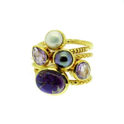 Stacking Rings Gold 5 Ring Set Pearl Amethyst and Purple Turquoise Size O