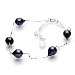Station Style Black Pearl Bracelet Sterling Silver Oval Pearls