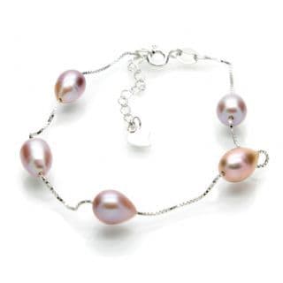 Station Style Pearl Bracelet Sterling Silver Lavender Oval Pearls