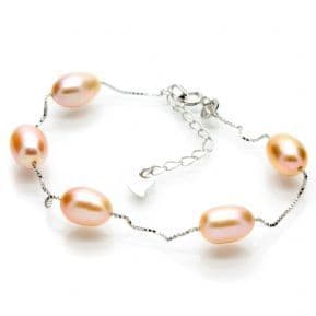 Station Style Pink Pearl Bracelet Sterling Silver Oval Pearls