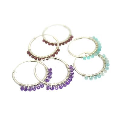 Sterling Silver Hoop Earrings Gemstones Amethyst Amazonite Garnet