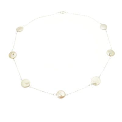 White Coin Pearl Necklace Station Style Sterling Silver 18