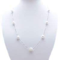 White Pearl Station Necklace Oval Pearls Sterling Silver Box Chain 17