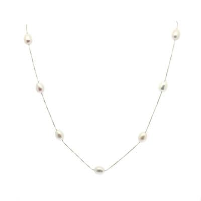 White Pearl Station Necklace Oval Pearls Sterling Silver Box Chain 17