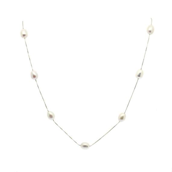 White Pearl Station Necklace Oval Pearls Sterling Silver Box Chain 17