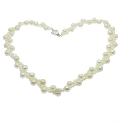 White Round Pearl & Seed Pearl Necklace Sterling Silver 17