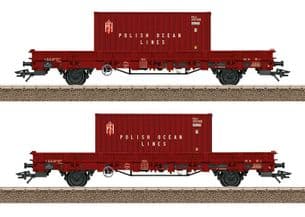 Trix 24555 HO Gauge Low Side Car Set With 2 PKP 20ft Containers