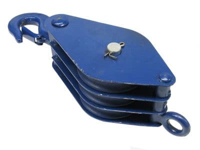 0.75 Ton 100MM Treble Sheave London Pattern Pulley Block With Hook & Safety Catch - 16MM Wire Rope