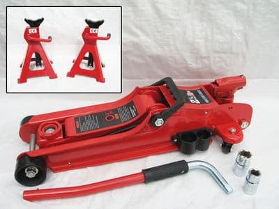 2.25 Ton, Hydraulic Floor Lifting Trolley Jack 'LED' With 3 Ton Ratchet Axle Jack Stands