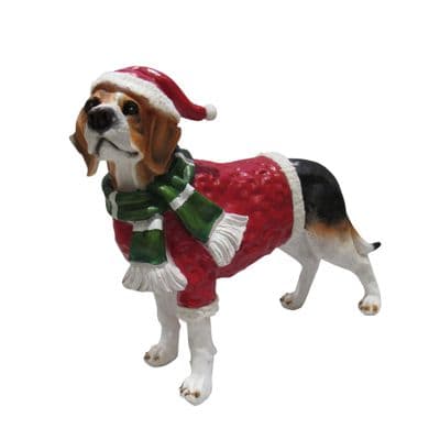 Christmas Beagle Dog Festive Figurine (Xmas Animal Statue Ornament)