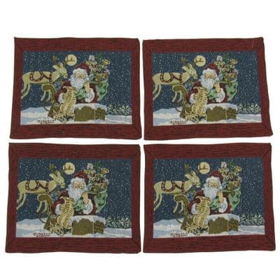 Christmas Table Place Mats X4 (Xmas Festive Fabric Red Santa Decoration)