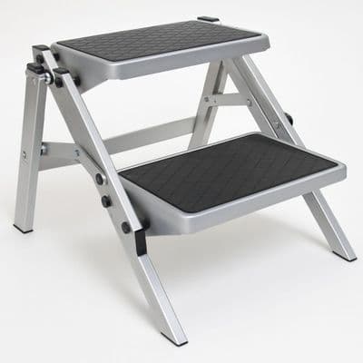 Folding Aluminium Double Step Stool (Caravan Foldable Non-Slip Twin Platform)