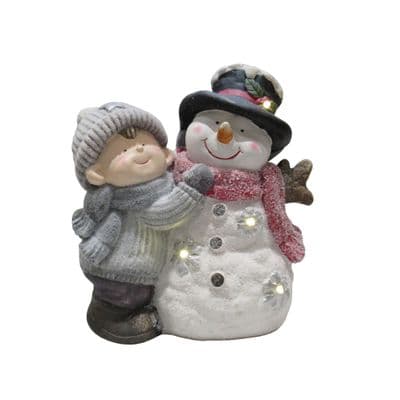 Light Up Snowman and Boy Christmas Ornament (Festive Xmas LED Lighted Figurine)