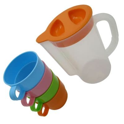 Plastic Water Pitcher & Cups 900ML (Camping Picnic Caravan Motorhome Jug)