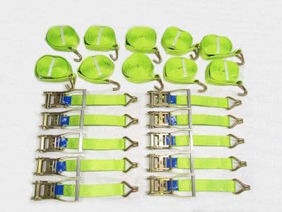 Ratchet Straps 50MM 8M 5T X10 (Tie Down Heavy Duty Cargo  Lashing Recovery Claw J Hook Hi Vis)